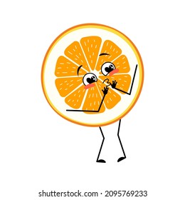 Orange character with love emotions, smile face, arms and legs. Citrus slice person with happy expression, fruit emoticon