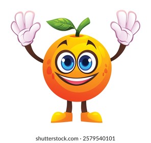 Orange character raising hands, full of excitement. Vector cartoon illustration