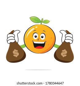 The Orange character smiles carrying bags of money on a white background - vector
