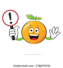 Orange character smiles with a warning sign on a white background -vector
