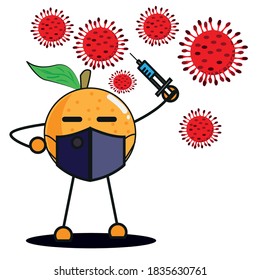the orange character that holds the vaccine for the treatment of the corona virus