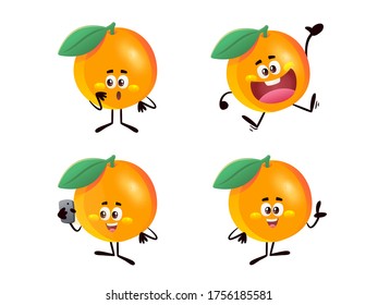 Orange Character vector Illustration outline hand drawn design style, presentation, surprised, happy, with handphone