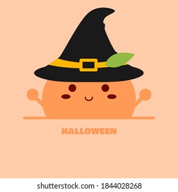 A orange character wearing a witch hat. Happy Halloween. Cute style orange character