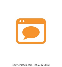 Uma bolha laranja de bate-papo exibida em um ícone de janela do navegador em um plano de fundo branco, representando notificação de mensagem, comentários ou elemento de interface de comunicação.