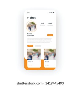 Orange chat UI, UX, GUI screen for mobile apps design. Modern responsive user interface design of mobile applications including Live Chat screen. Profile page, photos, followers