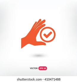 Orange Check hand web vector icon on background with shadow