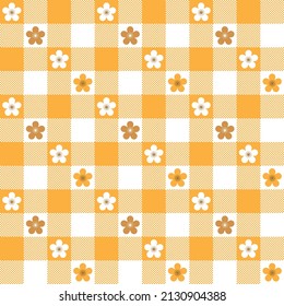 Orange checker pattern on white background. Orange and white flowers in white and orange square boxes pattern. Vertical and horizontal crossing lines on white background.