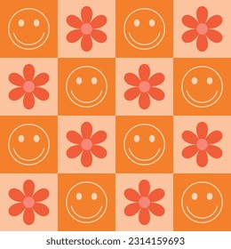 orange checkered flowers and happy faces seamless pattern. Retro groovy pattern with smiles and flowers. Cute colorful trendy vector illustration in style 70s, 80s