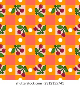 Orange checkered seamless pattern with red cherries