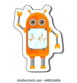 Orange Cheerful Cartoon Robot Character With Two Antennas And Plot. Isolated vector robot sticker.