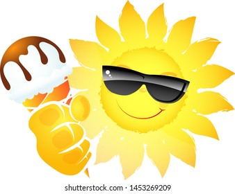 Orange cheerful sun with tasty ice cream in hand