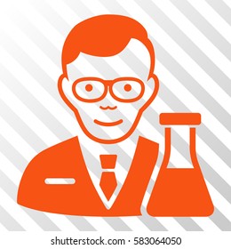 Orange Chemist interface toolbar icon. Vector pictogram style is a flat symbol on diagonal hatch transparent background.