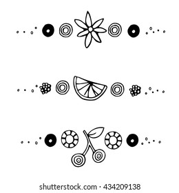 Orange, cherry, flower. Isolated separation elements for decoration. Design elements for menu / cafe / bakery / shop. Black and white hand drawing for menu. Vector doodle illustration. 
