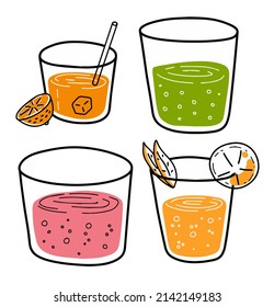 Orange, cherry juice.. Glass of fresh mojito drink. Thirst quenching and summer cocktail. Trendy outline cartoon