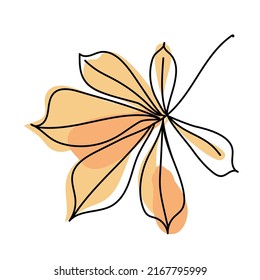 Orange chestnut leaf isolated on white background. Autumn leaves in linear art with the addition of colored spots. Vector illustration.