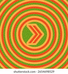 Orange chevron arrow over green background with concentric circular pattern. Vector illustration.