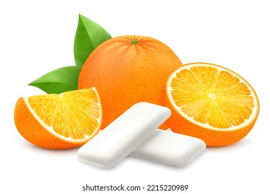 Orange chewing gum. Bubble gum with orange citrus flavor. Chewing pads with fresh ripe orange, oral health product, realistic advertising poster. Isolated 3d vector illustration