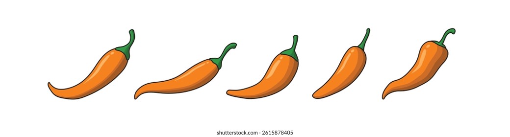 orange chilli pepper illustration vector isolated. yellow, orange, and red chili peppers arranged in row, showcasing their glossy textures and distinct shapes.