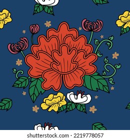 Orange Chinese flower seamless pattern dark blue background vector illustration design	
