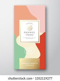Orange Chocolate Label. Abstract Vector Packaging Design Layout with Soft Realistic Shadows. Modern Typography, Hand Drawn Citrus Silhouette and Colorful Background. Isolated.