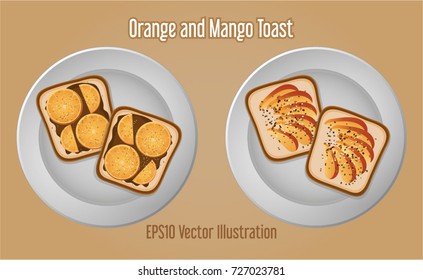 Orange and chocolate and mango toast with marshmallow spread and sprinkles - sweet vegetarian vegan vector illustration