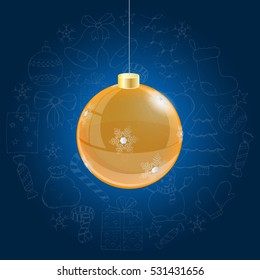 Orange christmas ball on blue background with doodle hand drawn icons. vector illustration