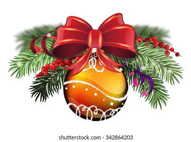 Orange Christmas ball with red bow, winter berry and fir tree branches on white background