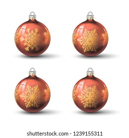 Orange christmas balls with different snowflake ornament on it. Set of isolated realistic glass balls. Vector illustration for your design.