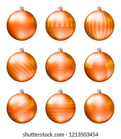 Orange christmas balls isolated on white background. Photorealistic high quality vector set of christmas baubles. Different pattern.