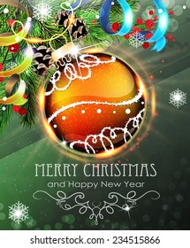 Orange Christmas bauble with sparkles and fir branches on green background