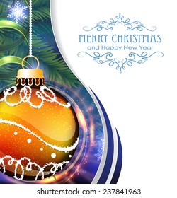 Orange Christmas bauble with sparkles and fir branches on blue wavy background
