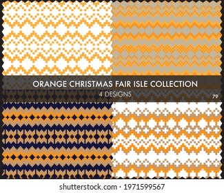 Orange Christmas fair isle pattern collection includes 4 design swatches for fashion textiles, knitwear and graphics