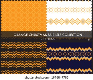 Orange Christmas fair isle pattern collection includes 4 design swatches for fashion textiles, knitwear and graphics