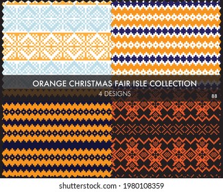 Orange Christmas fair isle pattern collection includes 4 design swatches for fashion textiles, knitwear and graphics