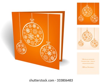 Orange Christmas Greeting Card. Merry Christmas Lettering, Vector Illustration. Christmas Balls From Snowflakes.