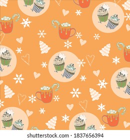 Orange Christmas pattern background with cookies, capuccino and muffins