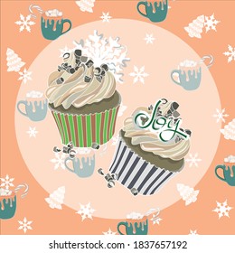 Tarjeta de patrón de Navidad naranja con muffins e inscripción
