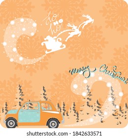 Orange Christmas patterned card with holiday car.