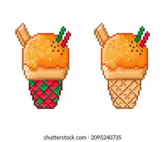 Orange Christmas style ice cream pixel art. Vector illustration.