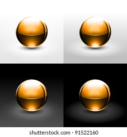 Orange chrome metal ball with black shadow and glowing on white, gray and black background. This vector illustration created in the technique of wire mesh and saved 10 eps