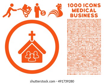 Orange Church vector rounded icon. Image style is a flat icon symbol inside a circle, white background. Bonus set includes 1000 health care business symbols.