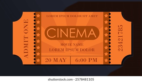 Orange cinema ticket featuring text placeholders, star patterns, and event details, set against a dark background. Concept of entertainment and movie night. Vector illustration