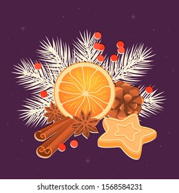 Orange, cinnamon sticks, anise flower, pine cone and Christmas cookies. New year tree branches. Flat vector illustration.