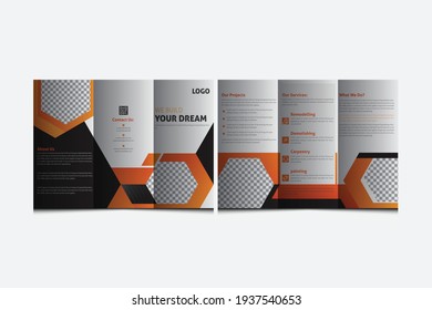 Orange circle business trifold Leaflet Brochure Flyer report template vector minimal flat design set, abstract three fold presentation layout a4 size . triple folding brochure template with orange