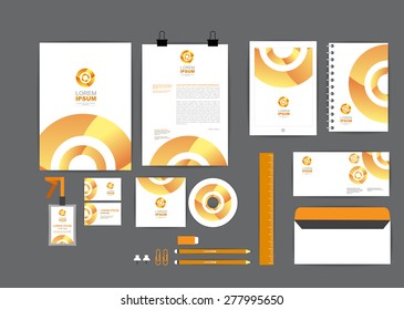 orange with circle corporate identity template  for your business includes CD Cover, Business Card, folder, ruler, Envelope and Letter Head Designs