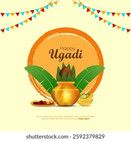  An orange circle with Happy Ugadi written on it a golden pot decorated with mango leaves and a coconut and traditional Ugadi dishes It is decorated with colorful flags and stylized leaves