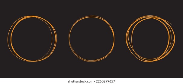 Orange circle line hand drawn set. Highlight hand drawing circle isolated on background. Round handwritten circle. For marking text, note, mark icon, number, marker pen, pencil and text check, vector
