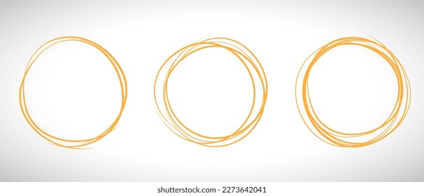 Orange circle line hand drawn set. Highlight hand drawing circle isolated on background. Round handwritten circle. For marking text, note, mark icon, number, marker pen, pencil and text check, vector