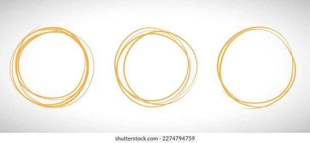 Orange circle line hand drawn set. Highlight hand drawing circle isolated on background. Round handwritten circle. For marking text, note, mark icon, number, marker pen, pencil and text check, vector