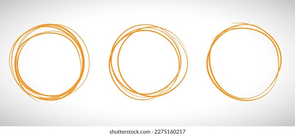 Orange circle line hand drawn set. Highlight hand drawing circle isolated on background. Round handwritten circle. For marking text, note, mark icon, number, marker pen, pencil and text check, vector
